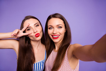 Close up photo two people beautiful funny funky she her models ladies make take selfies show v-sign...