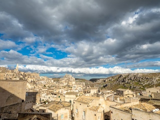 Cityscape of Matera, (Sassi di Matera) historical town built on the stones