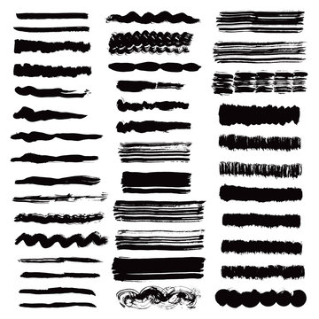 Brush stroke collection. Ink black lines . Grunge stripes. Hand drawn design paintbrush elements isolated on white background. Vector set.