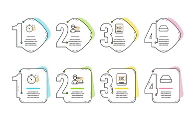 Cogwheel timer, Ssd and Success business icons simple set. Mini pc sign. Engineering tool, Memory disk, Growth chart. Computer. Science set. Infographic timeline. Line cogwheel timer icon. Vector
