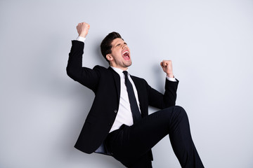 Portrait of handsome stylish leader leadership yell yeah incredible news information startup raise...