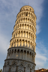 PISA, TUSCANY/ITALY  - APRIL 18 : Exterior view of the Leaning Tower in Pisa Tuscany Italy on April 18, 2019. unidentified people