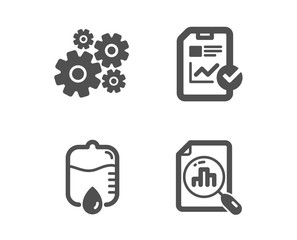 Set of Drop counter, Cogwheel and Report checklist icons. Analytics graph sign. Medical equipment, Engineering tool, Sales growth file. Chart report.  Classic design drop counter icon. Flat design