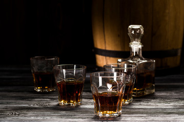 rum in glasses, strong drink for men on the table, alcoholic beverages