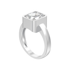 3D illustration isolated white gold or silver ring with one big gemstone diamond