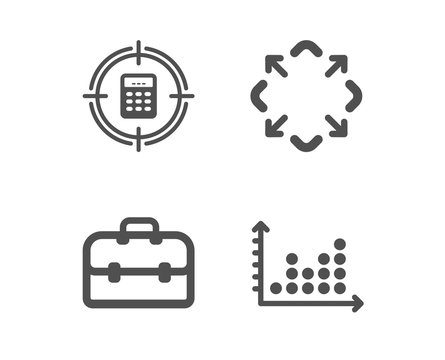 Set of Maximize, Portfolio and Calculator target icons. Dot plot sign. Full screen, Business case, Audit. Presentation graph.  Classic design maximize icon. Flat design. Vector