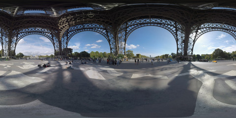 360 photo - Under the Eiffel Tower. People walking and relaxing on ground with mural Endless Sleep...