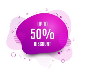 Fluid badge. Up to 50% Discount. Sale offer price sign. Special offer symbol. Save 50 percentages. Abstract shape. Color gradient sale banner. Flyer liquid design. Vector