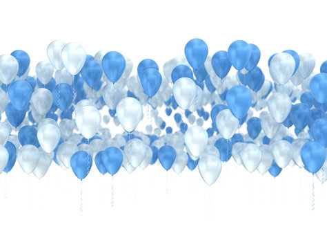 Celebration background with blue and white balloons isolated background. 3D illustration