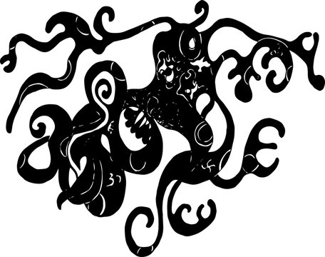 Black and white picture of psychedelic octopus.