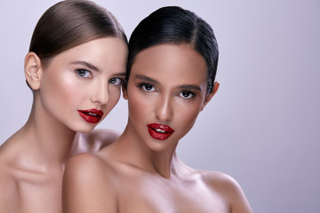 Gorgeous girls posing with red lipstick
