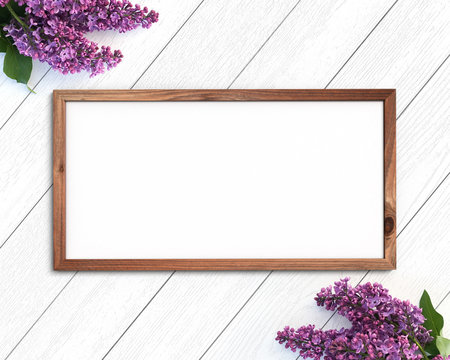 Wooden frame mockup on a painted white background. 1x2 Horizontal Landscape