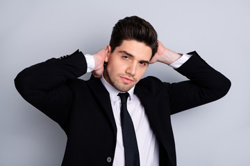 Close up photo amazing he him his macho handsome just visited hairdresser touch perfect styling black hair both hands arms wear specs shirt suit jacket tie formalwear isolated grey background