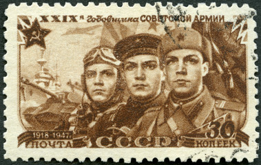 USSR - 1947: shows Aviator, Sailor and Soldier, series 29th anniversary of the Soviet Army