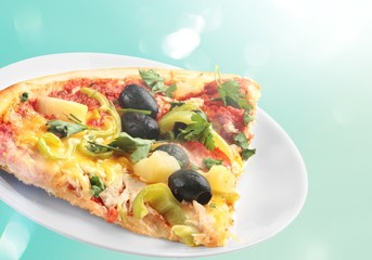 Delicious pizza on plate, close up