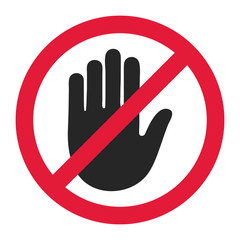 Stop road sign. Prohibited warning icon. Palm in red octagon. Road stop sign with hand isolated on white background. Glossy effect.