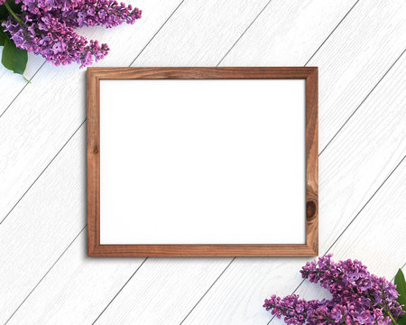 Wooden frame mockup on a painted white background. 4x5 Horizontal Landscape