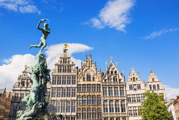 Brabo monument at the Grote markt square in Antwerp, Belgium. Beautiful old town of Antwerpen. Popular travel destination and tourist attraction