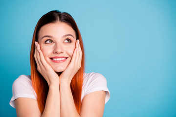 Close up photo nice charming attractive girl youth people touch hands palms cheeks face thoughts future interested minded motivated good mood wear fashionable spring clothing isolated blue background