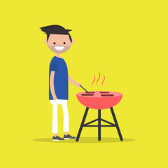 Young character cooking BBQ sausages. Barbecue. Flat cartoon design.clip art