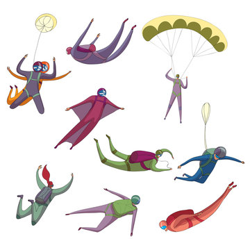 Set of images of different skydiver. Vector illustration on white background.