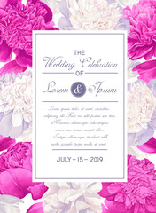 Wedding Invitation template. Modern design. Invitation design with white and pink peonies flowers on background. Tradition decoration for wedding. Vector illustration. Hand drawn, botanical design.