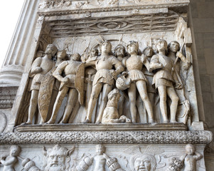 NAPLES, ITALY - MAY 02, 2019: Detail of the Triumphal Arch of the Castel Nuovo also called Maschio Angioino in Naples