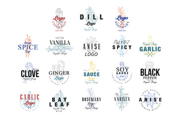 Spice logo design set, vanilla, anise, clove, ginger, soy sauce, bay leaf, garlic, rosemary badge can be used for culinary, cosmetics, menu, restaurant, shop, market vector Illustrations
