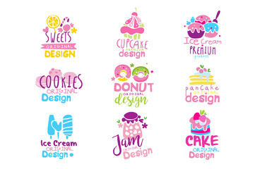 Sweets logo original design set, kids menu badges, premium natural organic food hand drawn vector Illustrations on a white background