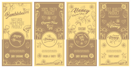 Creamed Honey Bee Brochure and Flyers Concept, Sketch Logo Designs for Packaging with Honeycombs. Vintage Creative Badges and Circle Labels. Yellow and Brown Vector Illustration