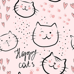Cute happy cats with pink hearts and text - seamless pattern on pink background