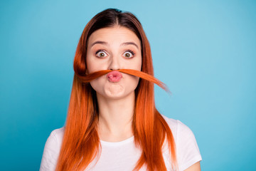 Close-up portrait of her she nice attractive lovely cheerful cheery naughty funny girlish girl...