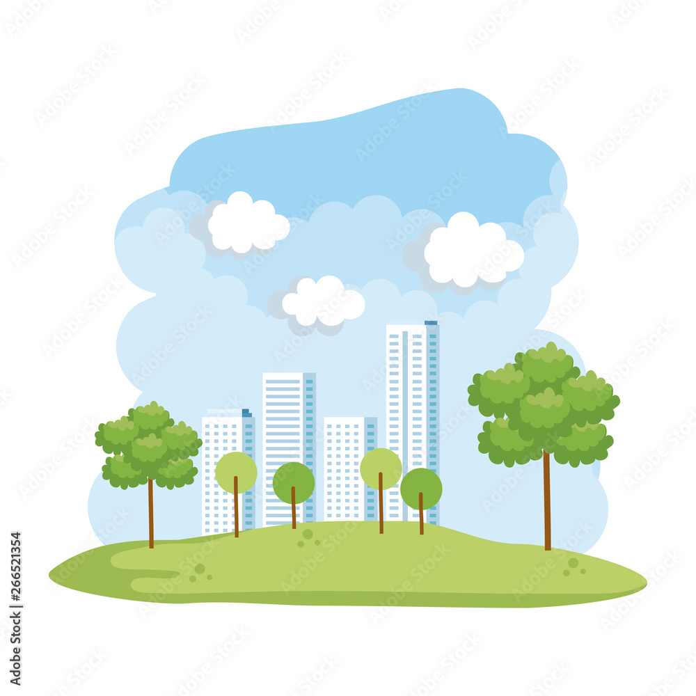 Poster forest landscape with buildings scene