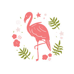 Print Flamingo with tropical jungle leaves. Simple Colorful grunge aloha wallpaper for tshirt