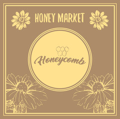 Honey Bee Poster Design with Sketch Circle Logo and Honeycomb Elements. Yellow Vintage Hand Drawn Illustration. Handcrafted Lettering.