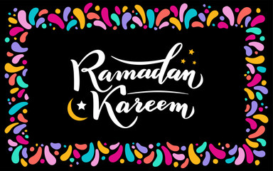 Vector illustration. Islamic Ramadan Kareem greeting gold lettering text, moon, festive colorfull square frame. confetti