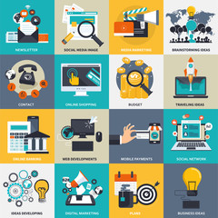 Business, management and technology icon set for websites and mobile applications. Flat vector illustration