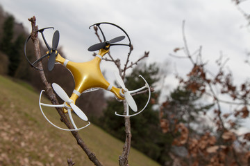 Drone quadcopter accident scene, DRONE Quadrocopter crashed on tree in city park. Sunny day, against blue sky,  space for text