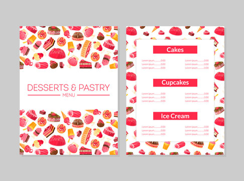 Desserts and Pastry Menu, Cakes, Cupcakes and Ice Cream, Bakery, Confectionery, Shop Design Element Colorful Vector Illustration