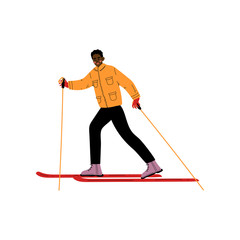 Man on Skis, Male African American Athlete Character Skiing, Winter Sport, Active Healthy Lifestyle Vector Illustration