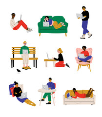 People with with Laptop Set, Young Men and Woman Working or Relaxing Using Computer Vector Illustration