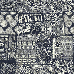 Hawaiian style fabric patchwork vector seamless pattern separate grunge effect 
