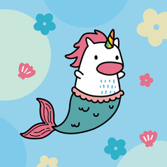 Magic cute unicorn mermaid is swimming