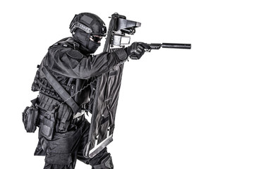 SWAT fighter hiding behind ballistic shield on white