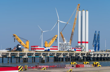 Offshore vessel for placing wind turbines at sea in the Eemshaven harbor. Groningen, Holland.