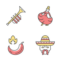 Mexican culture color icons set
