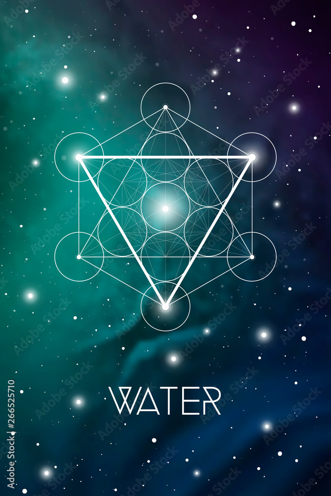 Wall mural Water element symbol inside Metatron Cube and Flower of Life in front of outer space cosmic background. Sacred geometry magic sign futuristic vector design.