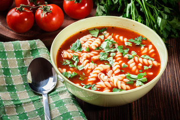Tomato soup noodles in the bowl