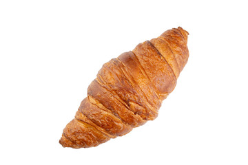 Photo of fresh golden croissants isolated on white background. Top view.