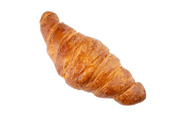 Photo of fresh golden croissants isolated on white background. Top view.
